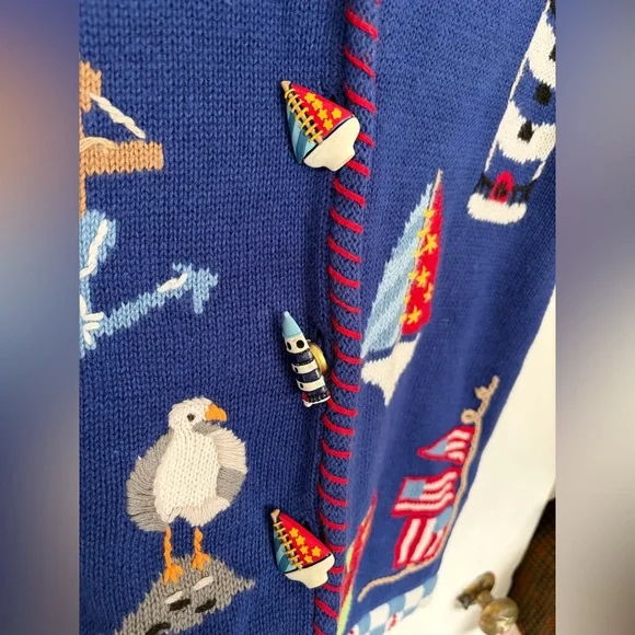 Quacker Factory Blue Knit Top with Red Stitching - Picture 2 of 8